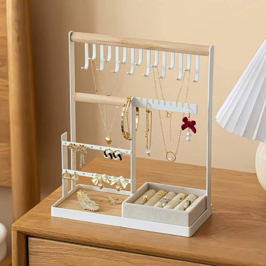 Jewelry Stand Holder Organizer, 4-Tier Necklace Holder With Ring Tray, 10 Hooks Necklaces Hanging Small Jewelry Display Storage Tower Tree For Bracelets Earrings Watches , White