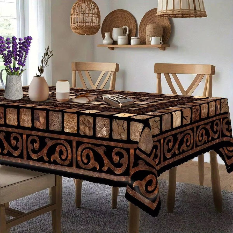 Vintage Stone Pattern Tablecloth | Brown With Ornate Floral Design, Polyester, Rectangular, Machine Made, Perfect For Traditional And Rustic Home Decor, Dining Table And Indoor Decoration, Multiple Sizes Available, Ultrasonic Embossing