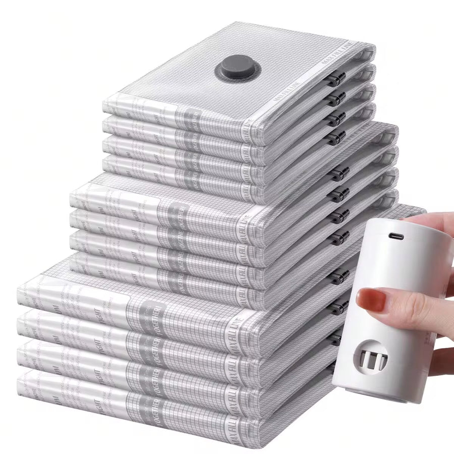12pcs Vacuum Bags For Travel With Rechargeable Air Pump,Checkered Pattern Storage Bags,Reusable For Clothes, Comforters, Blankets, Pillow, Bedding, Sealer Clothing Storage,Travel Accessories,Organize Essential