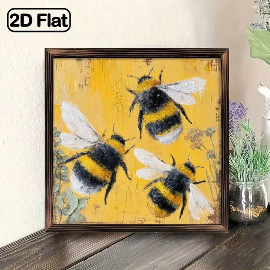 1 Vintage Bee Art Wooden Frame Wall Decoration - 8x8inch Farmhouse Style Bee Pattern Sign, Perfect For The Kitchen, Bathroom, Or Living Room, An Ideal Housewarming Or Valentine's Day Gift, Vintage Wall Decoration With A Handmade Look, Bee Decor